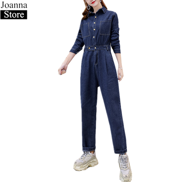 

women's jumpsuits & rompers spring long denim women sleeve buttons pockets casual loose playsuits autumn blue wild plus size female, Black;white