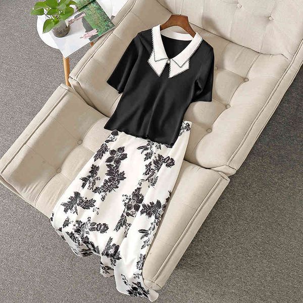 

two piece dress summer half sleeve peter pan neck black knitted bow knits tees + floral print mid-calf skirt suits 2 s set 21m272103258 lcxb, White