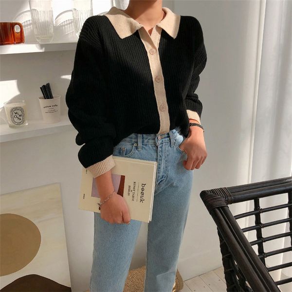 

loose regular color-hit high street unique autumn cardigans brief quality casual all match knitted sweaters 210421, White;black