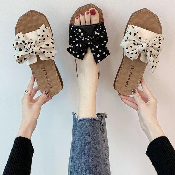 

slippers summer cute women polka dot butterfly knot slides flat peep toe casual fashion female ladies shoes zapatos de mujer, Black