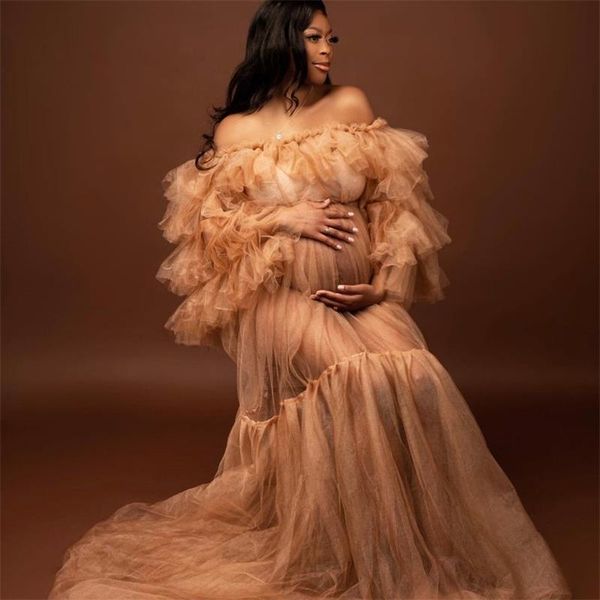 

2022 fluffy tulle prom dresses pregnant women ruffles robe party gowns for p shoot off the shoulder maternity nightgowns, Black