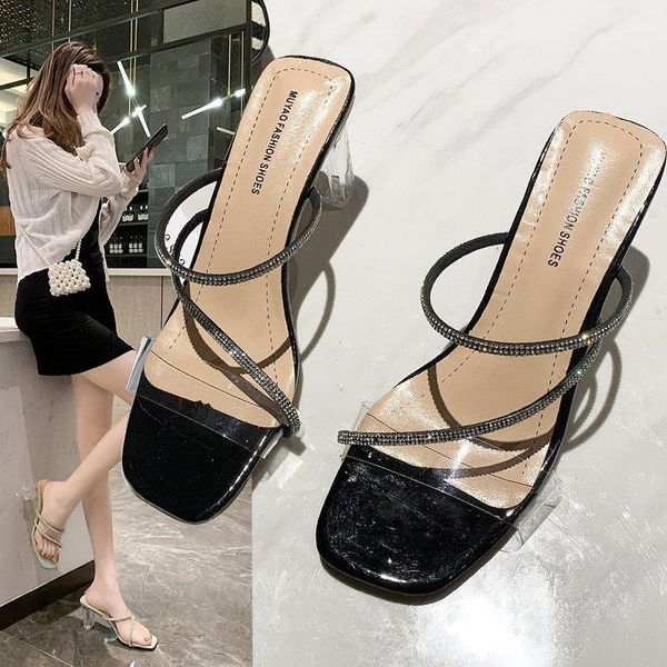 

fashionwomen'sshoesladiesfashionsandalswomenspringandsummerfashionrhinestone high-heeled thick heel women's shoes breathable slipp, Black