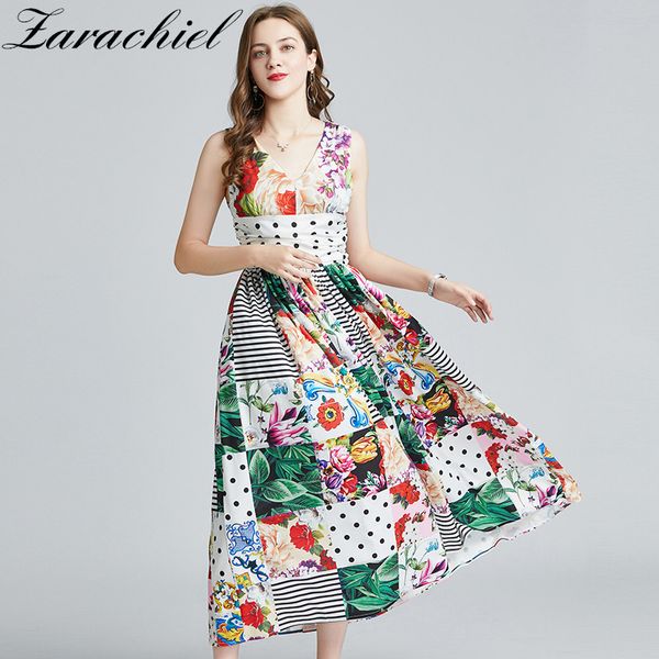 Frühling Sommer Runway Lange Urlaub Kleid Frauen Elegante Ärmellose V-ausschnitt Gestreiften Punkte Blumen Druck Party Maxi Kleider 210416