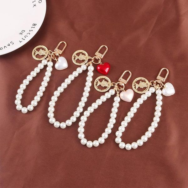 

keychains creative pearl bracelet keychain cute heart alloy key chains metal head car bag ring accessories gifts for women, Silver