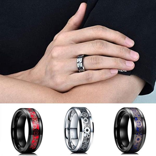 

wedding rings men's stainless steel dragon ring, carbon fiber inlay, red and black, jewelry size 6-8, creative team, 3 colors, 8mm, Slivery;golden