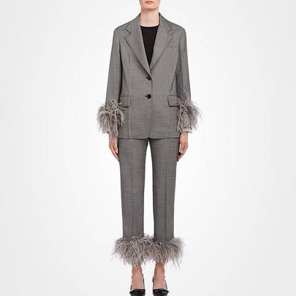 

women's suits & blazers runway 2021 early spring fashion casual suit female tassel feather stitching pocket small jacket shirt + trouse, White;black