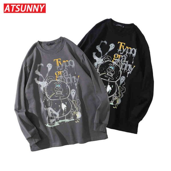 

atsunny bear gothic hoodie hip hop harajuku retro hoodies sweatshirt autumn and winter clothes streetwear cartoon pullover g1214, Black