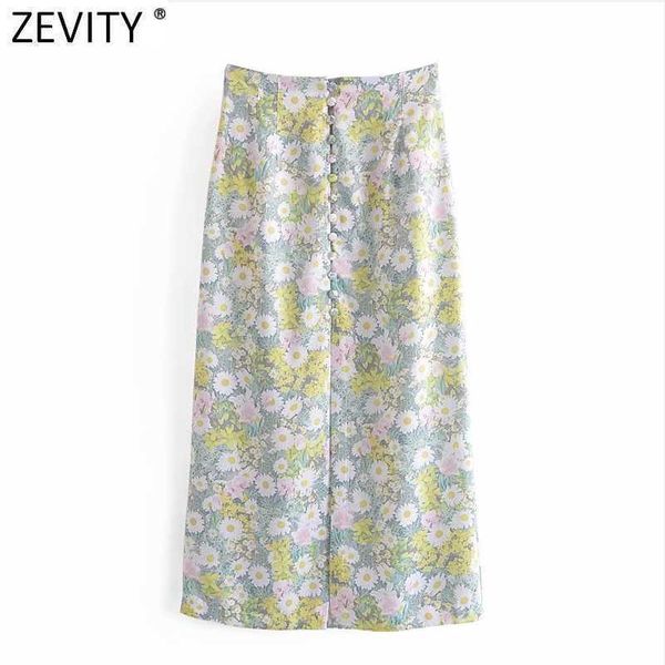 

zevity women sweet floral print single breasted a line midi skirt faldas mujer female chic back zipper slim vestido qun779 210603, Black