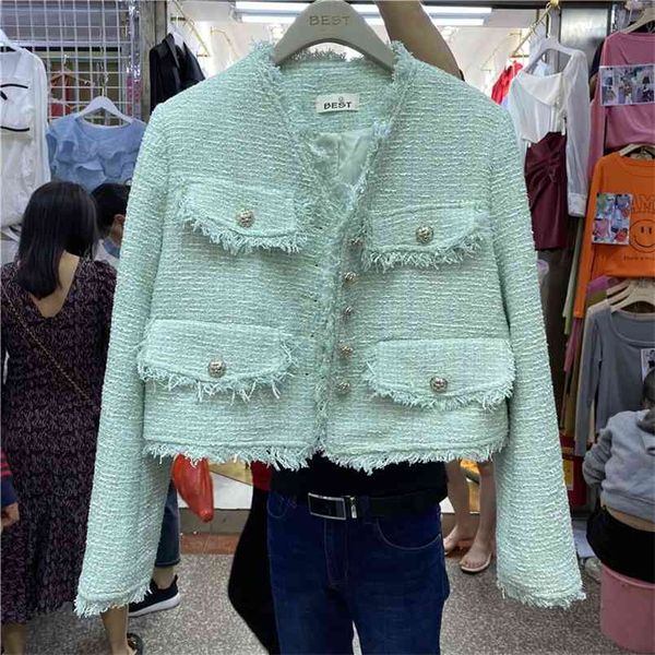 

small fragrance tassel tweed jackets coat women long sleeve woolen coats runway luxury streetwear korean outwear 210514, Black;brown