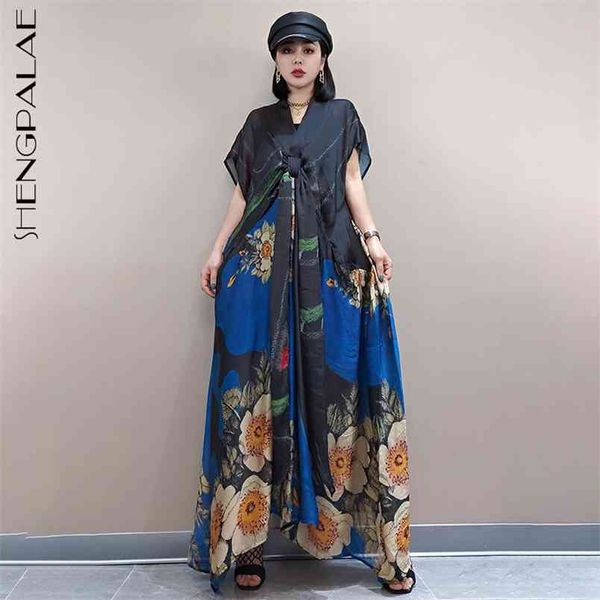 

shengpllae temperament printed dress women's spring v-neck loose bow tie short sleeve mid-calf dresses female 5c255 210427, Black;gray