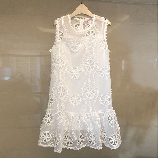 

dresses elegant floral embroidery hollow out lace crochet ruffles summer women 's sleeveless o-neck a-line mini vest, Black;gray