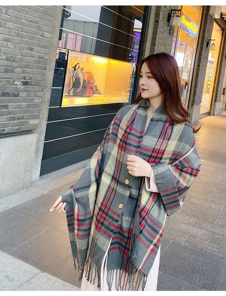 

scarves korea's women cashmere button cape dual-use thickened tassel plaid scarf drophipping factory, Blue;gray