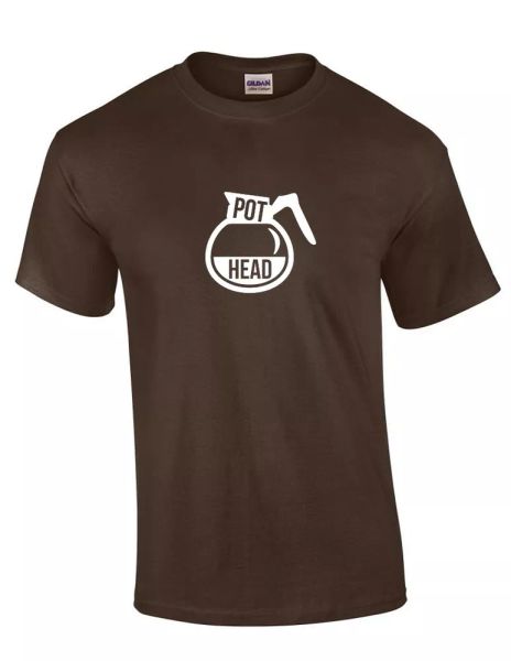 

coffee pot head white logo t-shirt funny caffeine brown cotton shirt, White;black