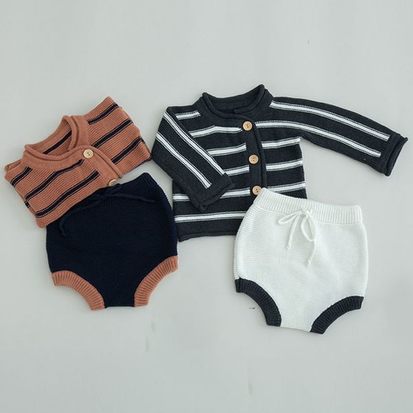 Primavera Autunno Ragazze Ragazzi Strisce orizzontali Cardigan Cappotto + Pantaloncini Abbigliamento per bambini Completi Abiti Set di abbigliamento per bambini 210429