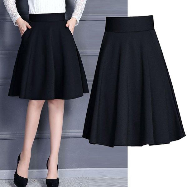 

skirts chic womens pocket a-line midiskirt spring autumn king size summer spiffy pleated knee-length girls elegant, Black