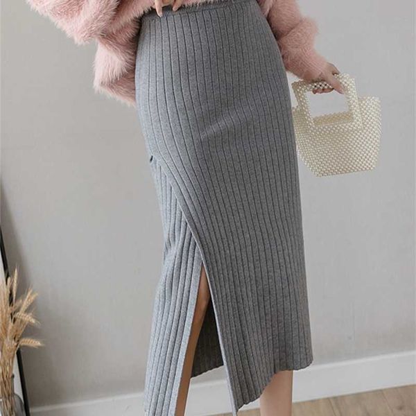 

surmiitro fashion winter warm knit midi long pencil skirt women korean style mid-length high waist side slit skirt female 211120, Black