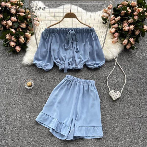 

women's tracksuits fit short sleeve croppes +high waist ruffles shorts women chic beach style suit 2021 summer fashion slim 2 piece set, Gray