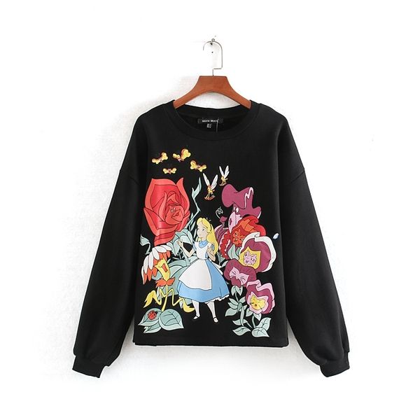 

loose women sweatshirt autumn fashion long sleeve cartoon letter print modern lady casual fleece pullovers 210602, Black