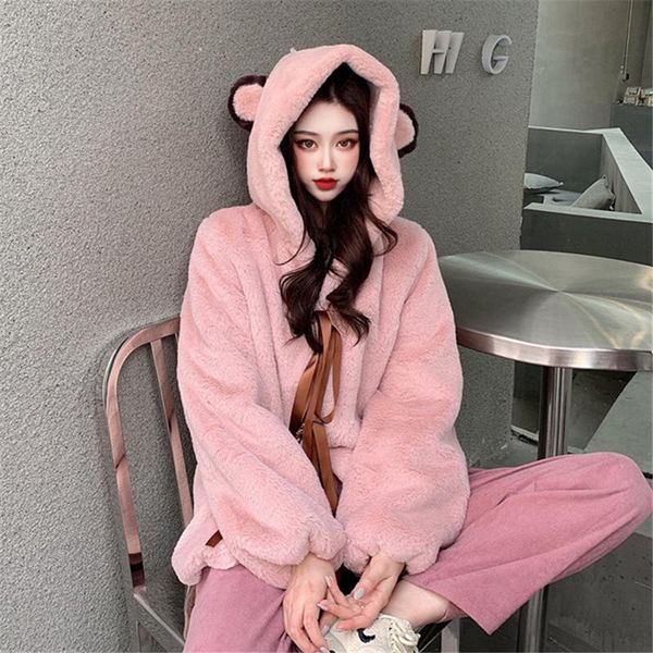 

women's fur & faux lucyever 2021 cute bear ear hooded jacket women sweet bow lace up coat winter preppy style pink plush, Black