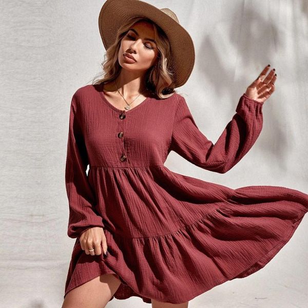 

casual dresses v-neck single breasted package hips knee-length beach style dress ins fashion 2021 autumn solid red print ruffled, Black;gray