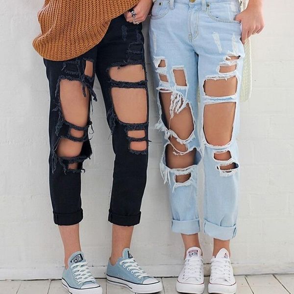 

boyfriend ripped mom womens jean high waist straight hole streetwear black blue plus size denim pants