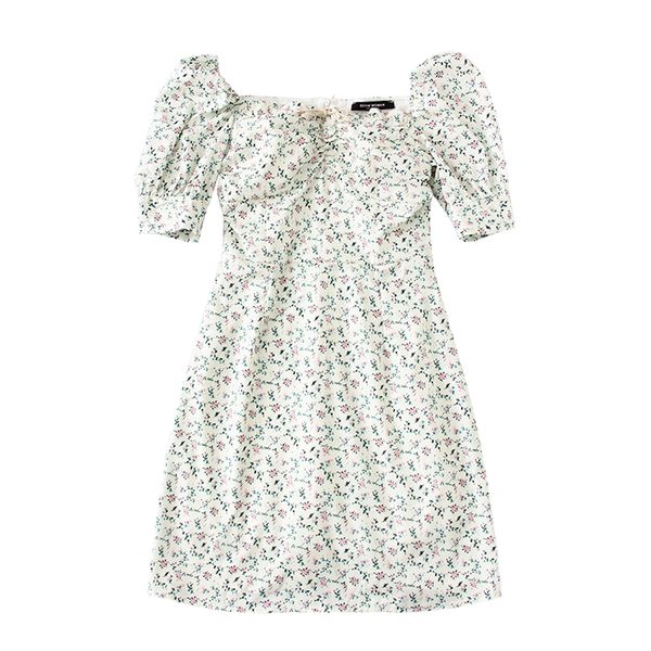 

2021summer dress 2021 retro boho women tie neck floral print floral mini white dress puff sleeve korean vestidos, Black;gray
