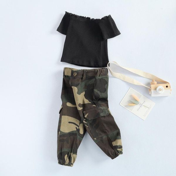 

clothing sets 3 style 1-6y fashion infant baby girls clothes off shoulder t shirts +camouflage pants 2pcs, White