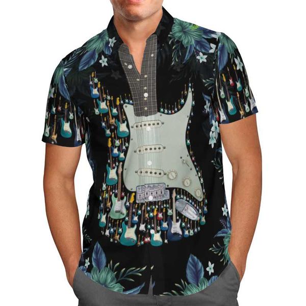 

men's casual shirts rock music guitar 3d beach hawaiian 2021 summer shirt short sleeve streetwear oversized 5xl camisa social chemise h, White;black