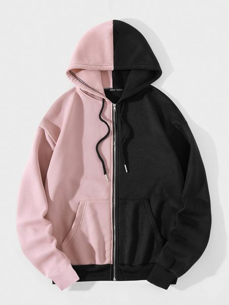 

kangaroo pocket drop shoulder zip-up hooded sweatshirt z7cm#, White;black