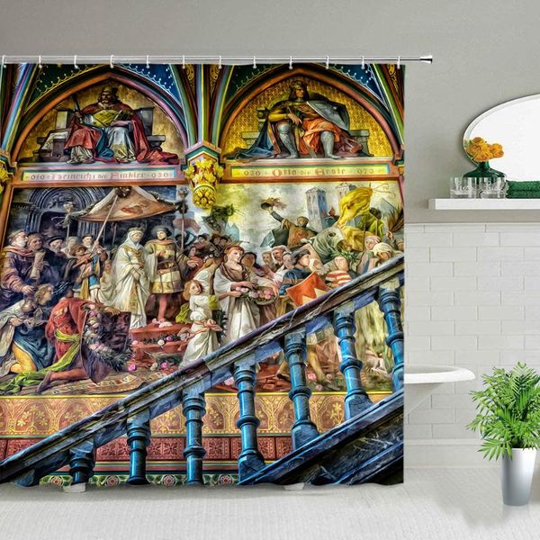 

retro oil painting art poster shower curtains bathroom screen waterproof fabric bath curtain with hooks background wall decor