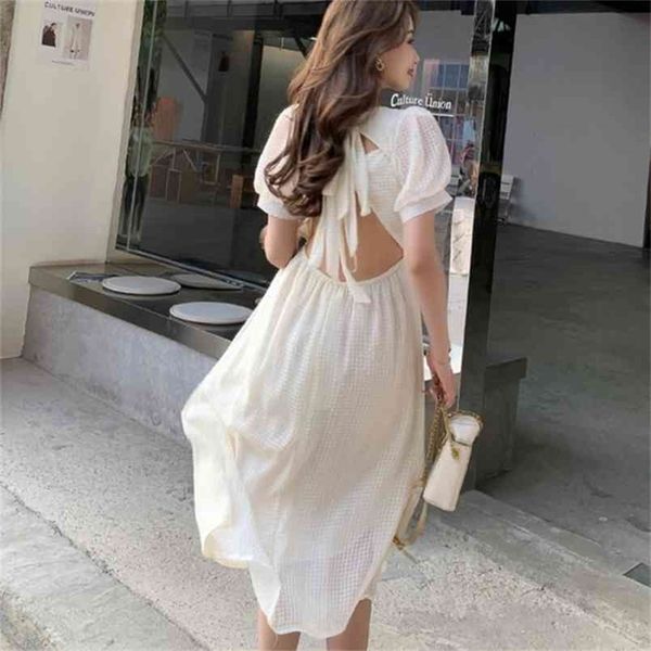 

womens chic vintage white high waist square collar puff sleeve a-line dress retro elegant french bow backless sweet f 210519, Black;gray