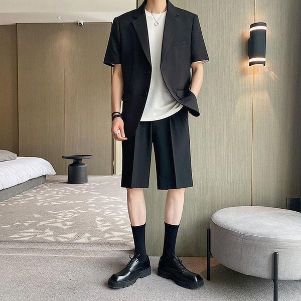 

men's suits & blazers men korean fashion streetwear casual loose dress blazer jacket shorts 2pcs sets short sleeve male, White;black
