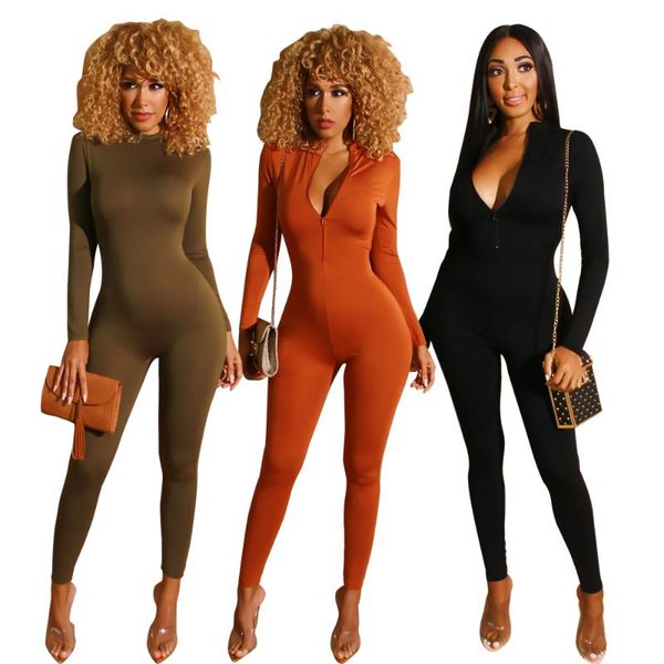 

women's jumpsuits & rompers 2021 front and rear zipper jumpsuit elegant long-sleeved bodycon pencil feminine casual high street, Black;white