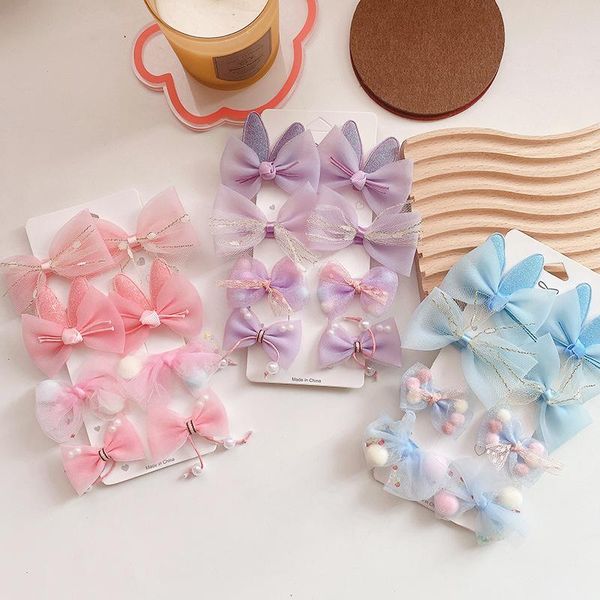 

hair accessories 4 pair korean fashion children's hairpins sweet princess girl beautiful colorful yarn pearl bow duckbill clip, Slivery;white
