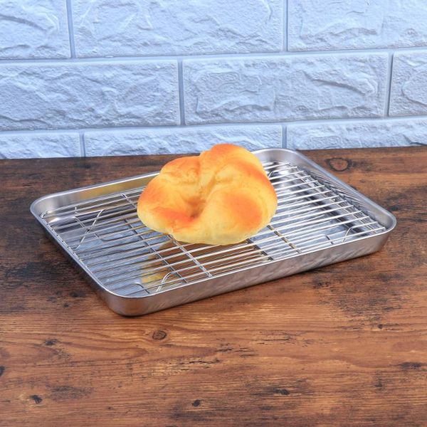 

kitchen storage & organization 2 pieces/set rectangular baking tray stainless steel pan sheet with removable cooling rack - 26x20x2.5cm