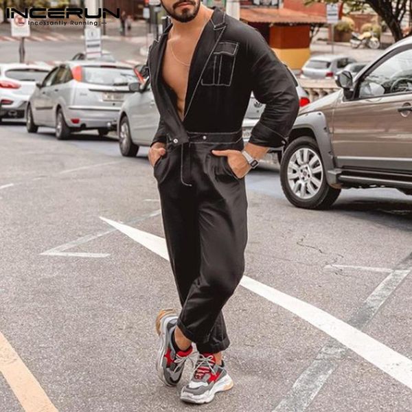 

men's pants incerun american style rompers overalls comfortable long-sleeved leisure streetwear siamese s-5xl 2021, Black