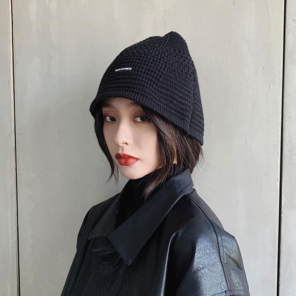 

wide brim hats solid color warm knitted women beanie fashion retro female black knitting bucket hat winter thicken lady caps, Blue;gray