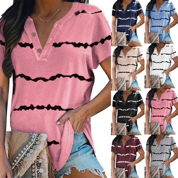 

women's t-shirt fashion casual striped print bat sleeve v-neck button short top, White