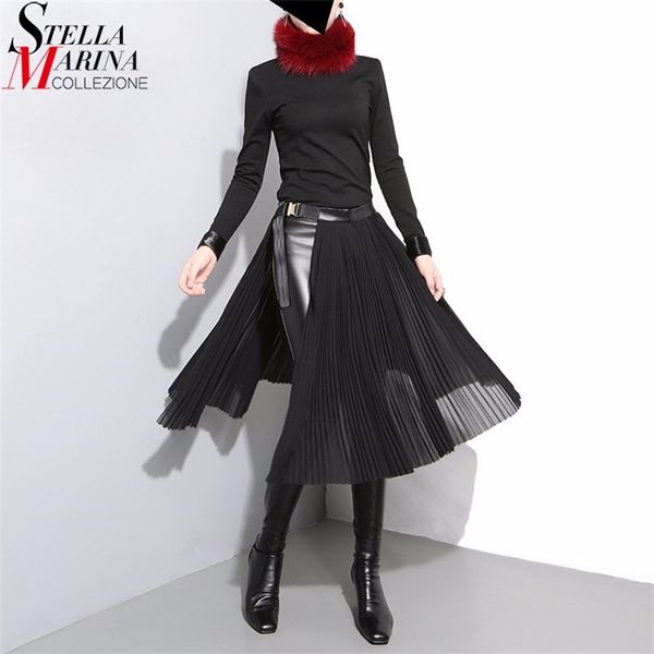 

new japanese style woman solid black chiffon pleated skirt adjustable leather belt high waist split girls midi casual skirts 876 210330