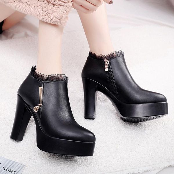 

thick with high heel platform deep mouth single shoes lace large size 40-43 yards women's dress, Black