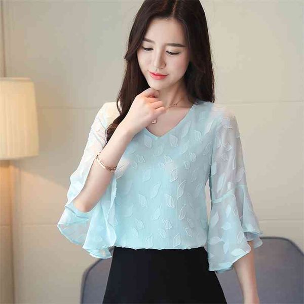 

fashion solid color casual ladies shirt ladies women flared sleeves korean style blouse woman 210507, White