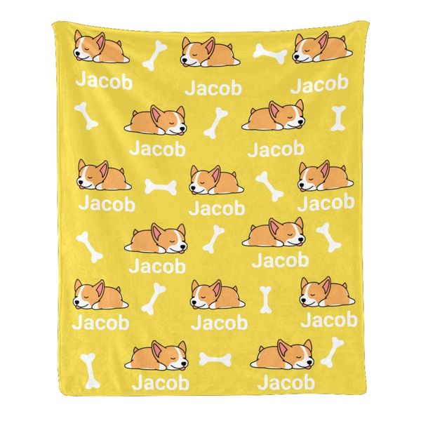 

cute corgi dog yellow personalized throw blanket super soft for boy & girl, custom fleece blanket with your name birthday