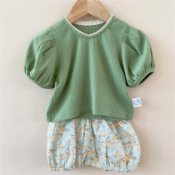 

clothing sets korean style 2021 summer born baby girls puff sleeve floral printed shorts 2pcs toddlers kids outfits, White