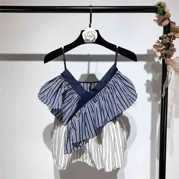 

korean summer v collars lotus leaf edge shoulder strap tanks splice striped ruffles patchwork high street camis 210401, White