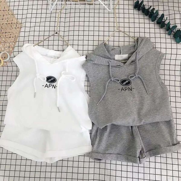 

children's summer children's foreign style suit men's and women's korean version sleeveless hooded shorts two piece set, White