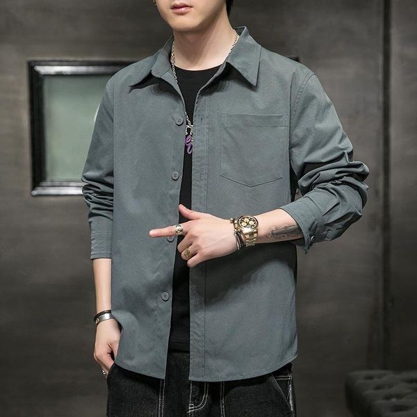 

men's casual shirts 2021 autumn spring and cotton lapel solid color loose gray young shirt long sleeves, White;black