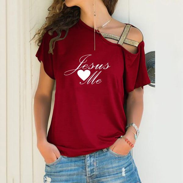 

women's t-shirt jesus love me heart print loose women irregular tshirt christmas punk harajuku skew neck cross bandage, White