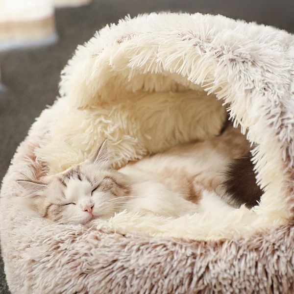 

cat beds & furniture style pet dog bed round plush warm house semi-enclosed nest for deep sleep comfort in winter soft cats