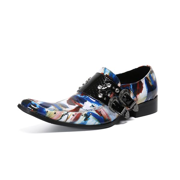 

korean style men multi color formal shoes genuine leather buckle strap crystal for men dress square toe shoes calzado hombre, Black