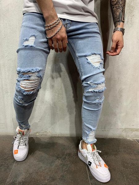 

men's jeans fashion solid color ripped scratch slim feet pants selling street casual wear in spring and autumn 2021 s-3xl, Blue